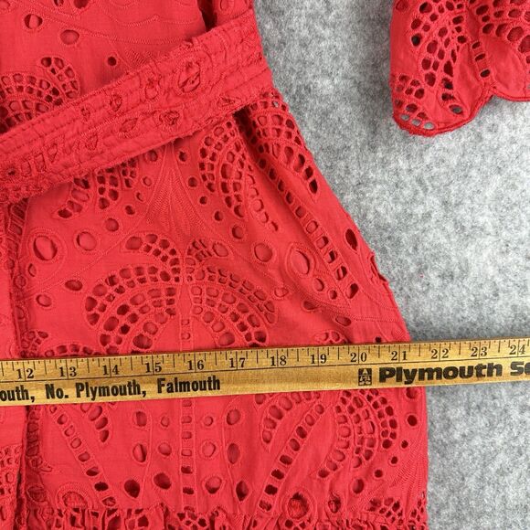 Farm Rio Red Eyelet Lace Palm Tree Belted Mini Dress Womens M Button Pockets - Picture 12 of 16